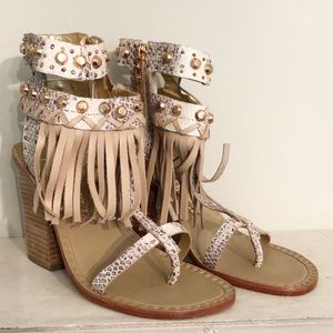 Python fringe &  wooden heeled sandals